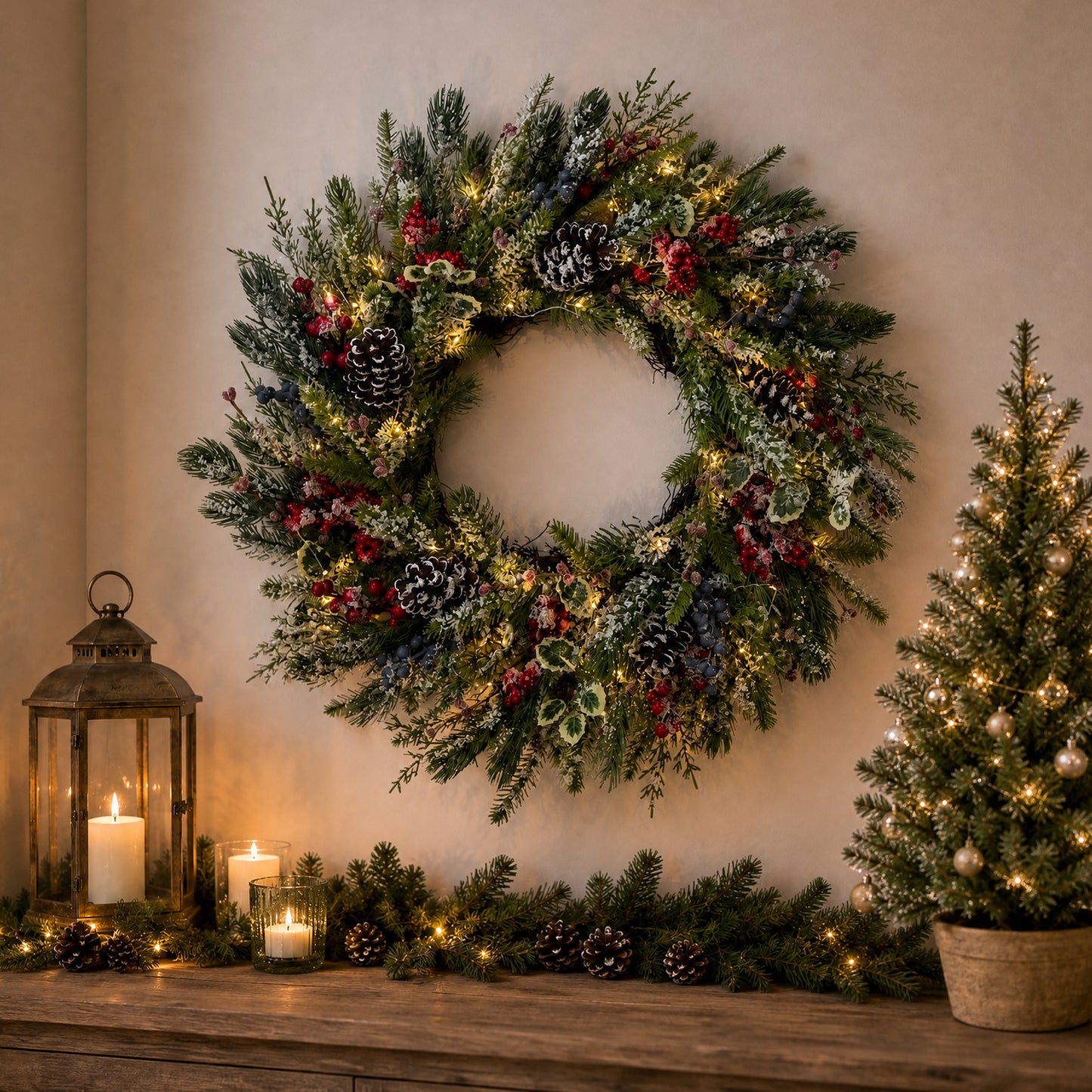 Christmas Wreath with Lights 24 Inch PreLit Xmas Wreaths for Front Door