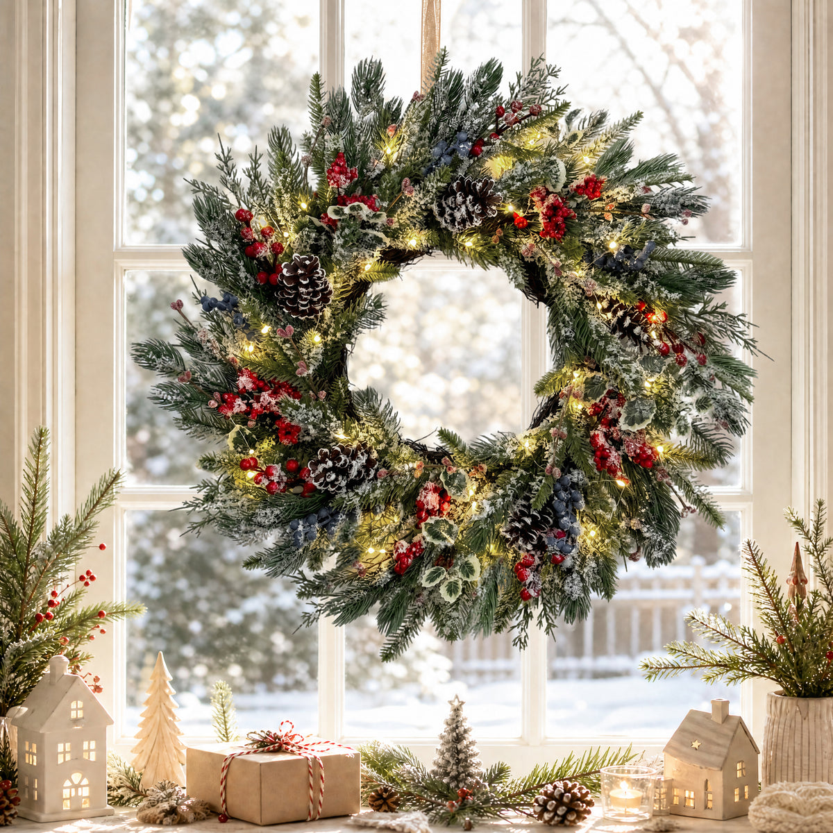 Christmas Wreath with Lights 24 Inch PreLit Xmas Wreaths for Front Door