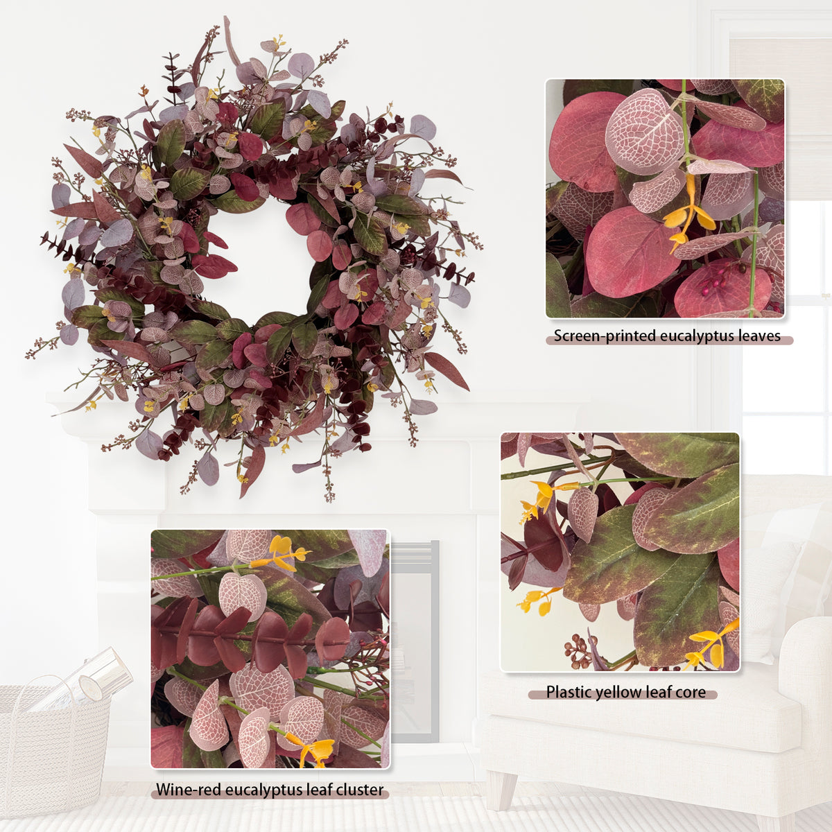 26 Inch Fall Wreaths for Front Door, Artificial Eucalyptus Autumn Wreath
