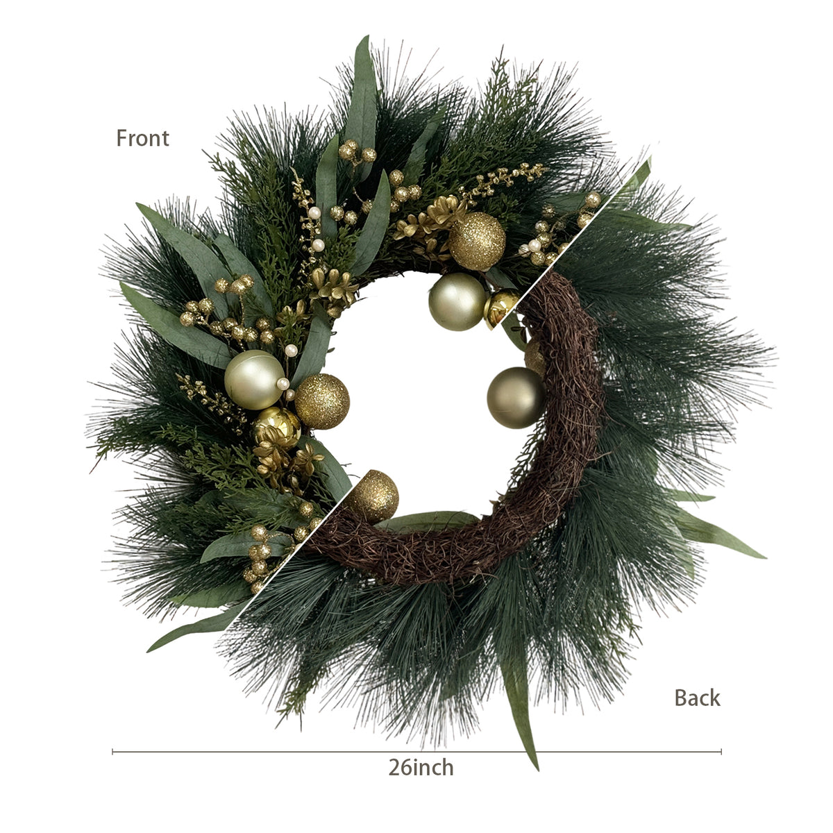 26 Inch Pre-Lit Christmas Wreath for Front Door, Gold Ball Ornaments