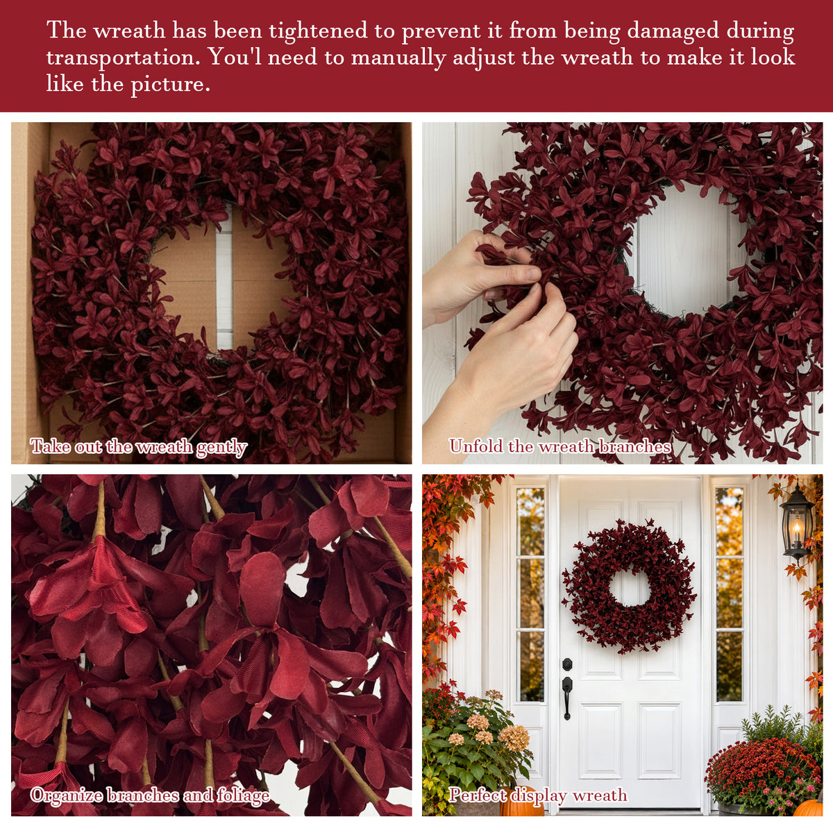 24 Inch Burgundy Fall Wreaths for Front Door, Artificial Forsythia Wreath