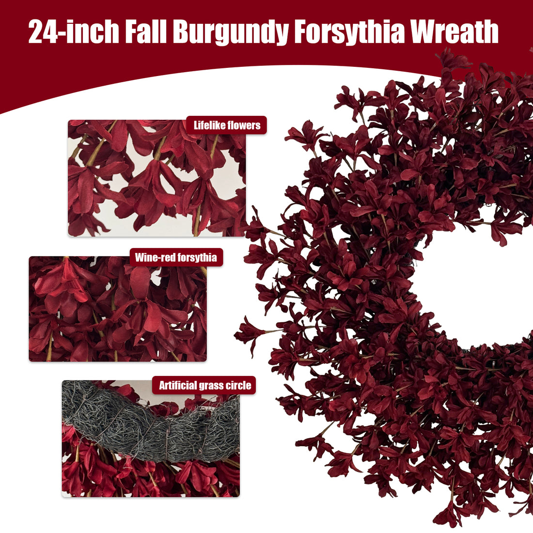 24 Inch Burgundy Fall Wreaths for Front Door, Artificial Forsythia Wreath