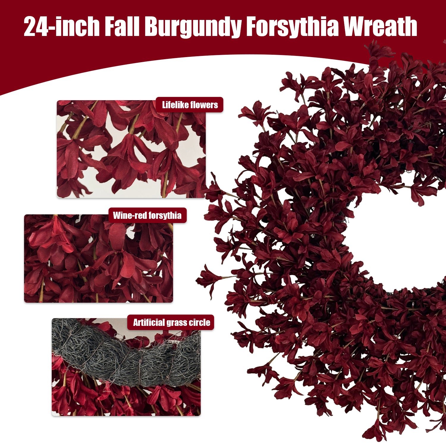 24 Inch Burgundy Fall Wreaths for Front Door, Artificial Forsythia Wreath