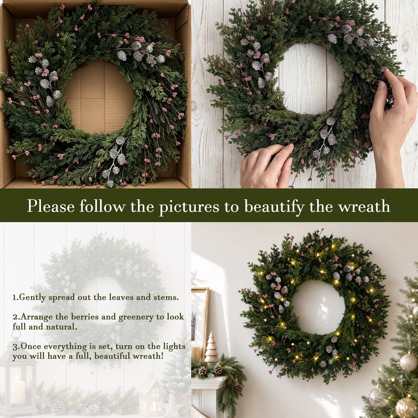 24 inch Pre-Lit Christmas Wreath with Lights, Pine and Cypress Berry Wreath
