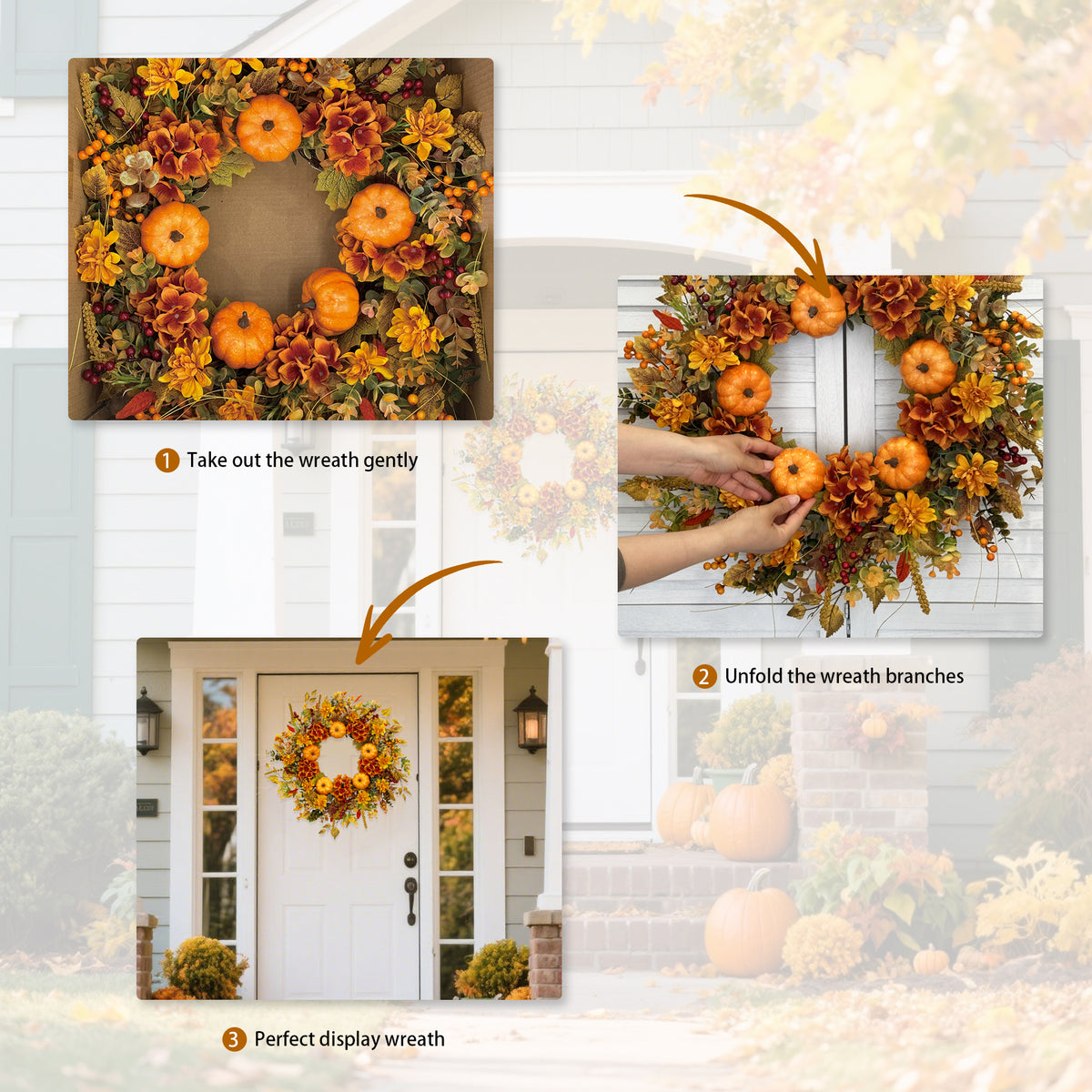 24 Inch Pumpkin Wreath Fall Wreaths for Front Door with Hydrangeas