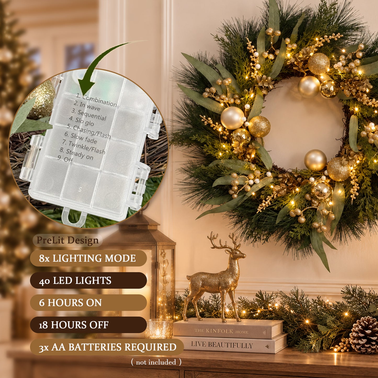 26 Inch Pre-Lit Christmas Wreath for Front Door, Gold Ball Ornaments