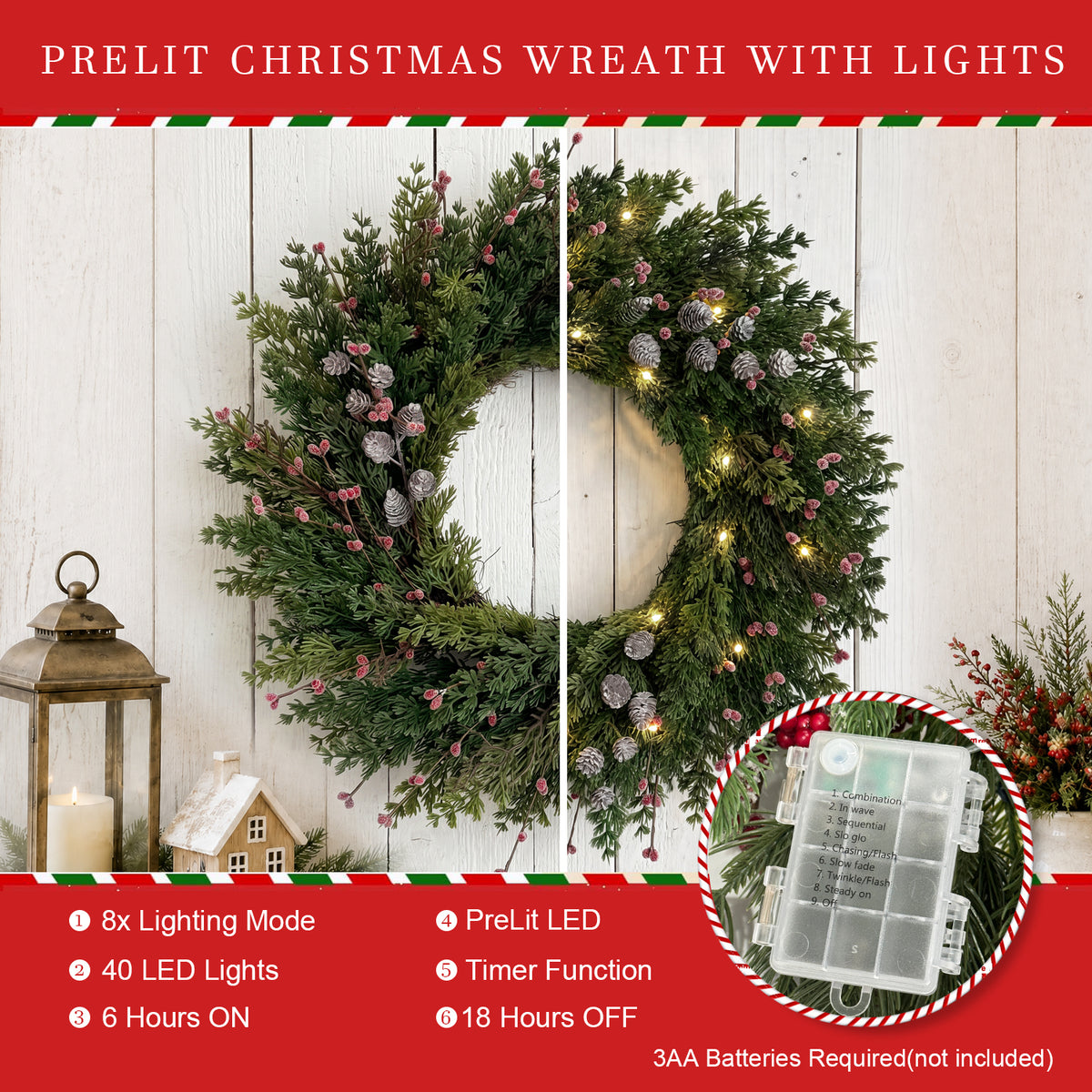 24 inch Pre-Lit Christmas Wreath with Lights, Pine and Cypress Berry Wreath