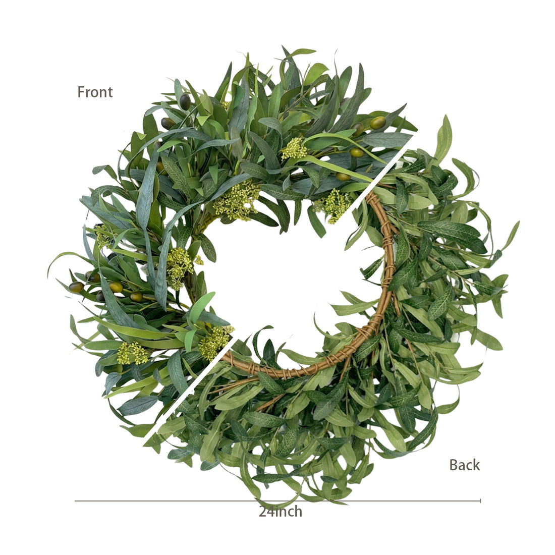 24 Inch Olive Wreath Artificial Greenery Spring Summer Wreath with Mixed Willow Leaves & Olive Fruit