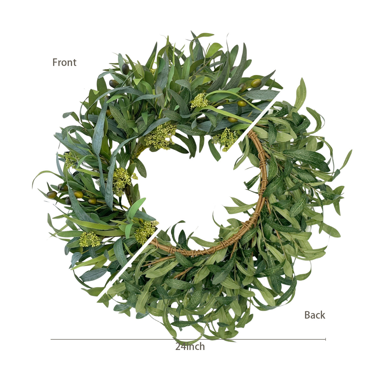 24 Inch Olive Wreath Artificial Greenery Spring Summer Wreath with Mixed Willow Leaves & Olive Fruit
