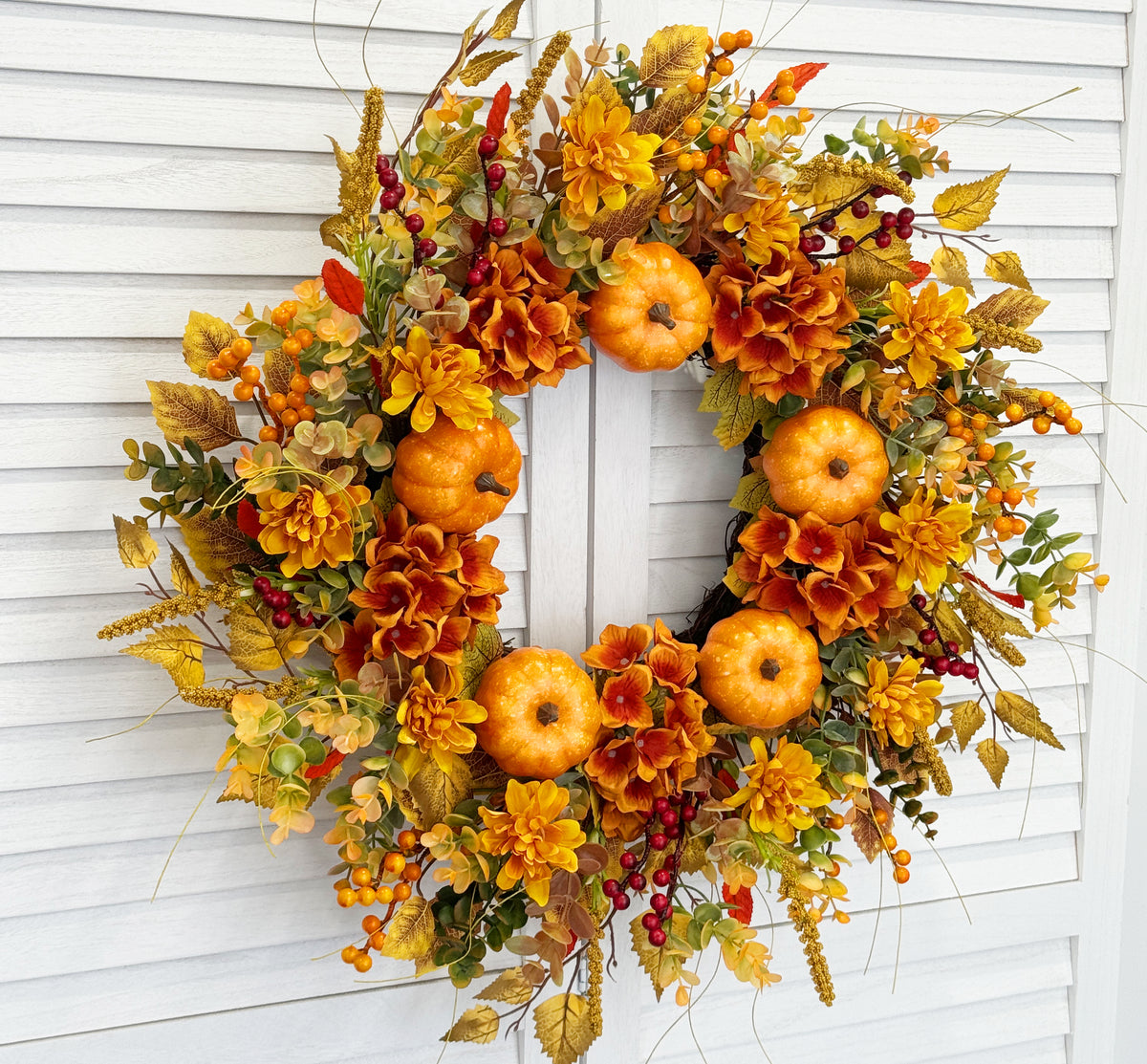 24 Inch Pumpkin Wreath Fall Wreaths for Front Door with Hydrangeas