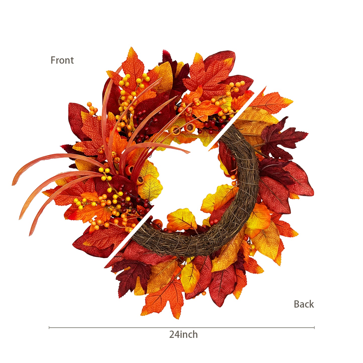 24 Inch Fall Wreaths for Front Door with Maple Leaves and Berries