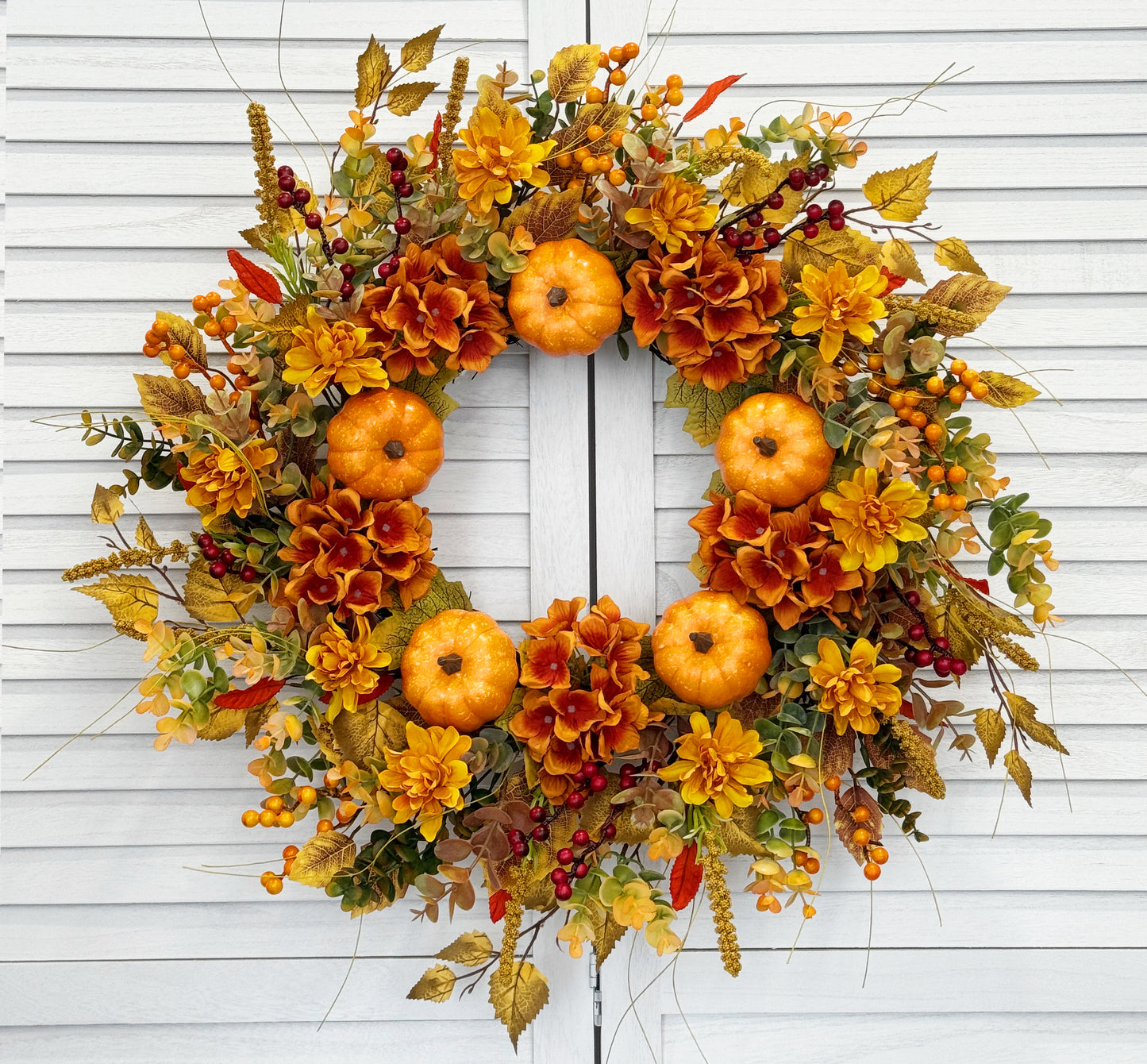 24 Inch Pumpkin Wreath Fall Wreaths for Front Door with Hydrangeas