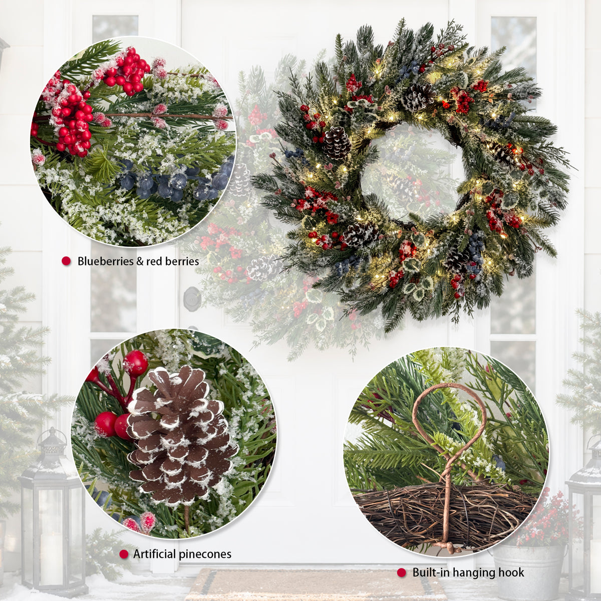 Christmas Wreath with Lights 24 Inch PreLit Xmas Wreaths for Front Door