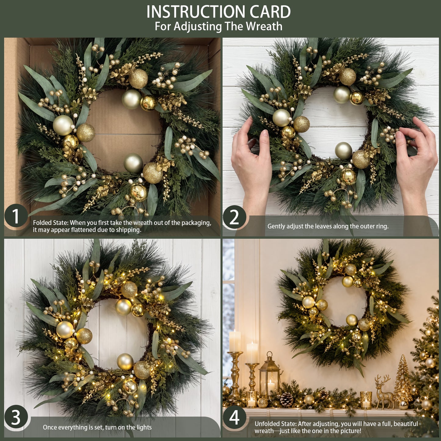 26 Inch Pre-Lit Christmas Wreath for Front Door, Gold Ball Ornaments