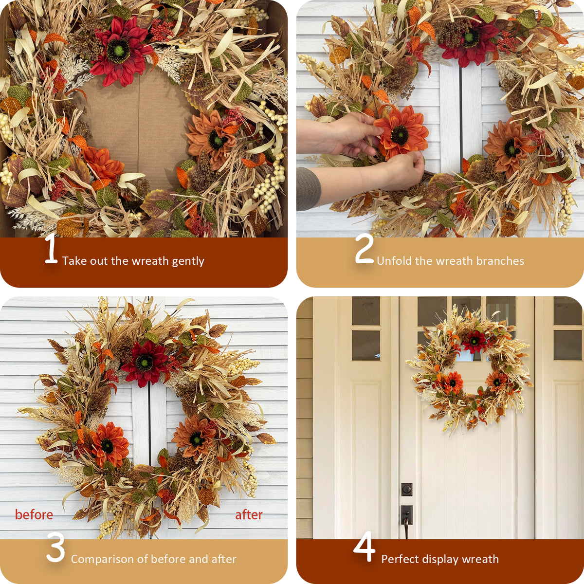 24 Inch Fall Wreaths for Front Door with Sunflowers and Raffia