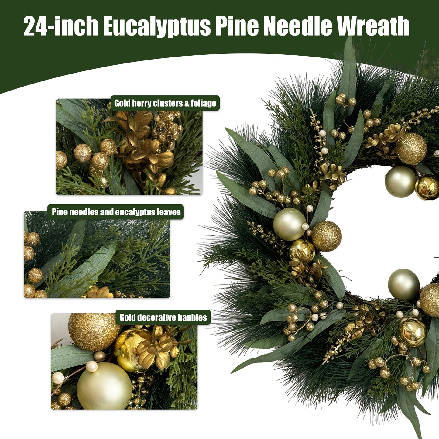 26 Inch Pre-Lit Christmas Wreath for Front Door, Gold Ball Ornaments
