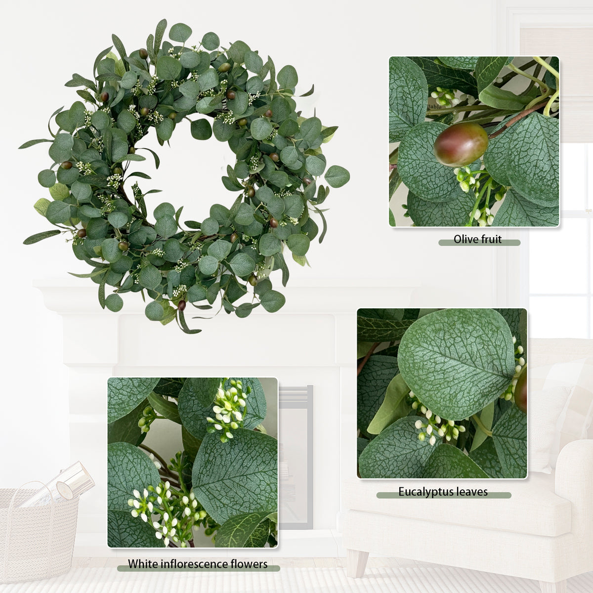 24 Inch Eucalyptus Wreath for Front Door, Large Artificial Greenery Wreaths with Olive Leaves and Berries