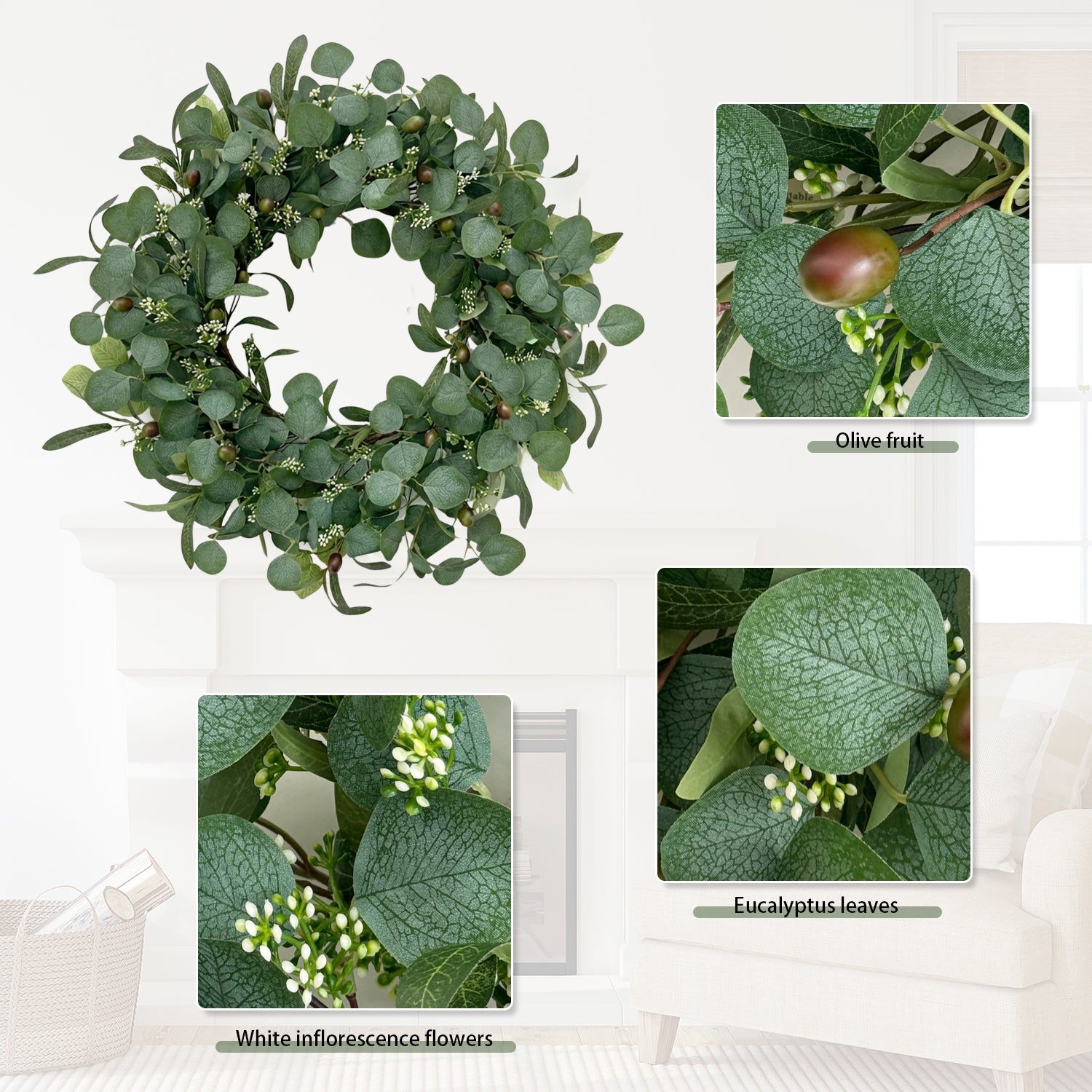 24 Inch Eucalyptus Wreath for Front Door, Large Artificial Greenery Wreaths with Olive Leaves and Berries