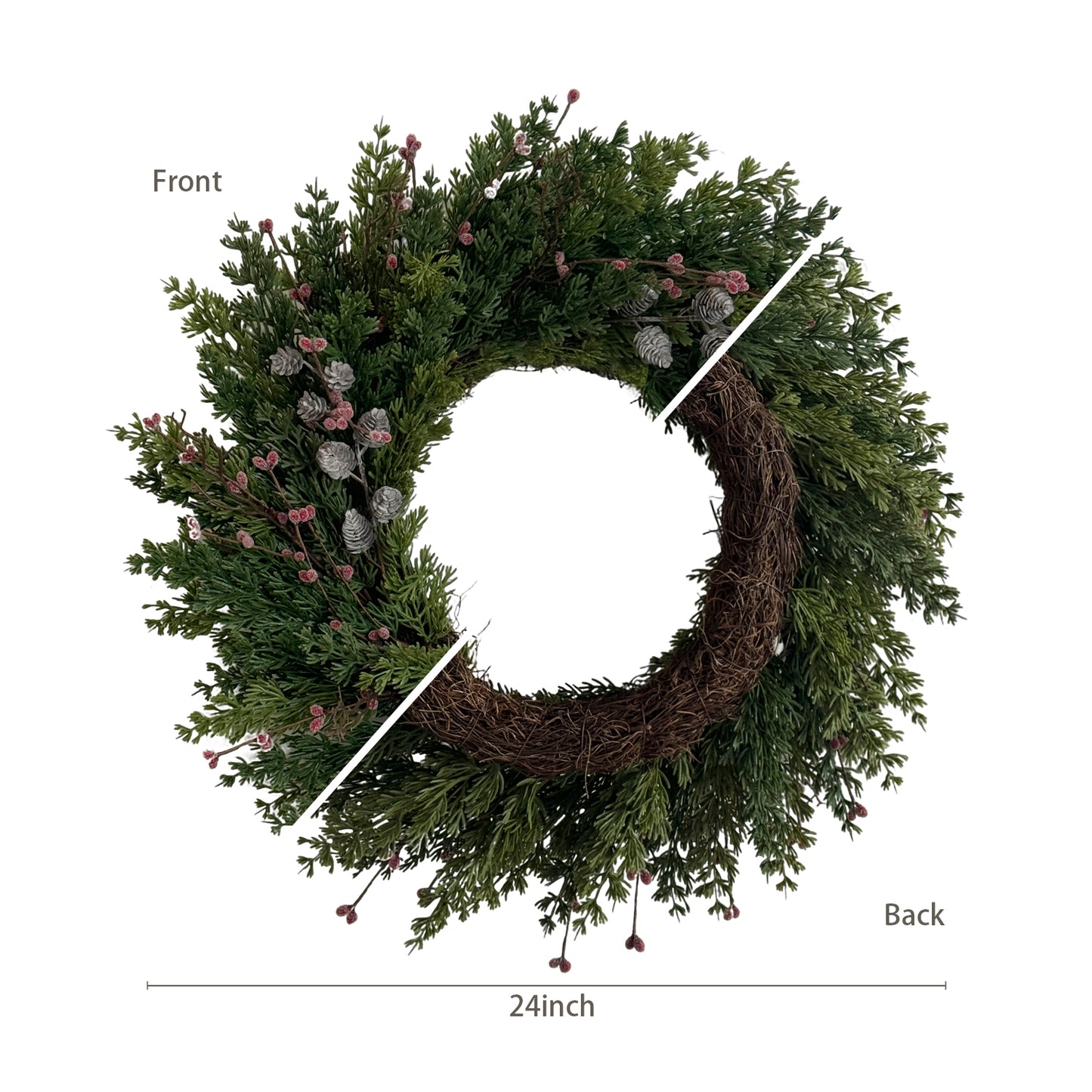 24 inch Pre-Lit Christmas Wreath with Lights, Pine and Cypress Berry Wreath