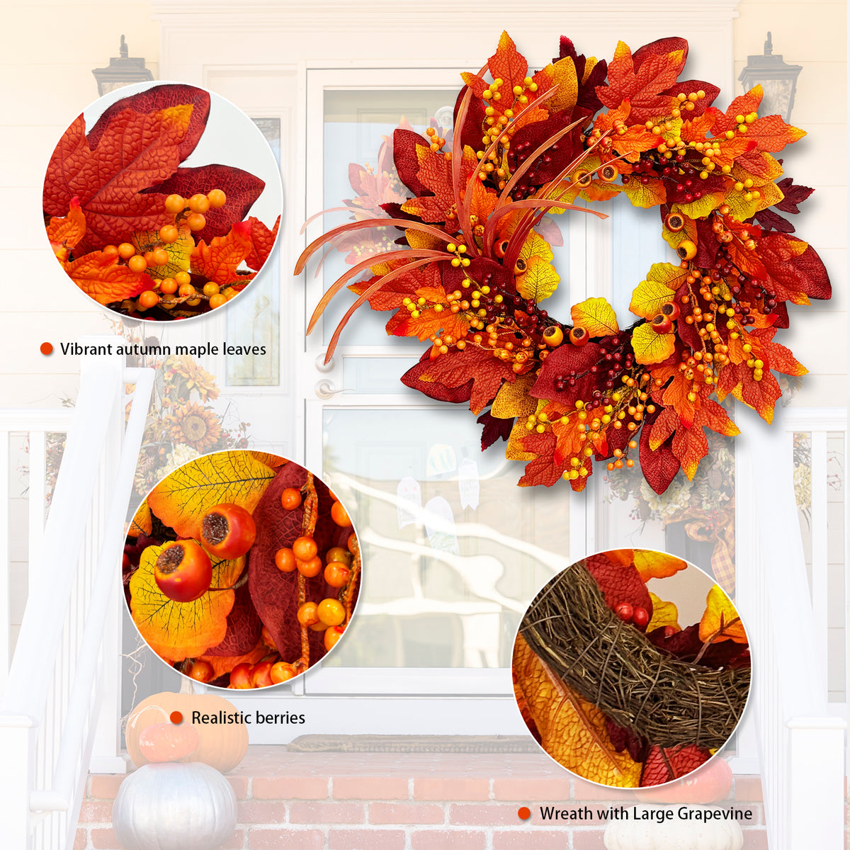 24 Inch Fall Wreaths for Front Door with Maple Leaves and Berries