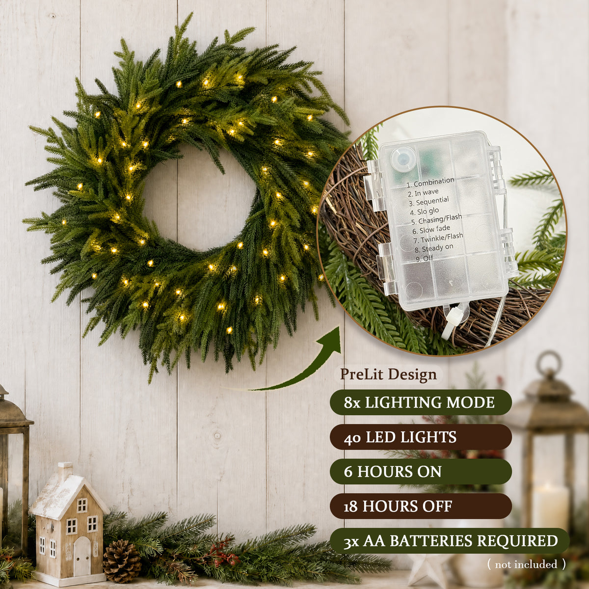 26 Inch Pre-Lit Norfolk Christmas Wreath for Front Door