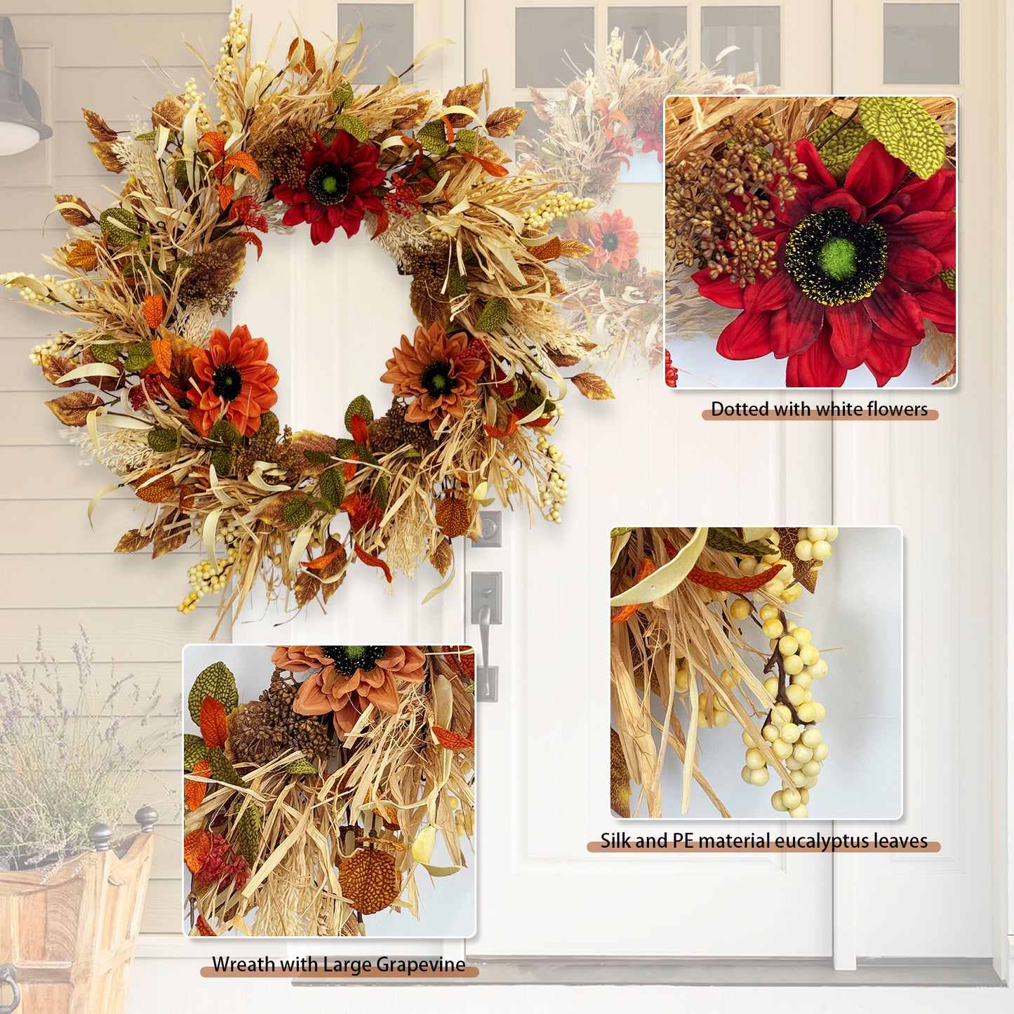 24 Inch Fall Wreaths for Front Door with Sunflowers and Raffia